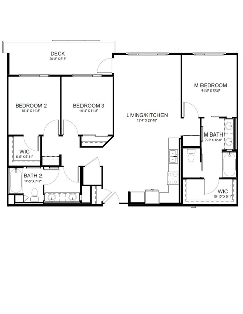 Floor plan for 3 beds, 2 baths, 1351 sqft